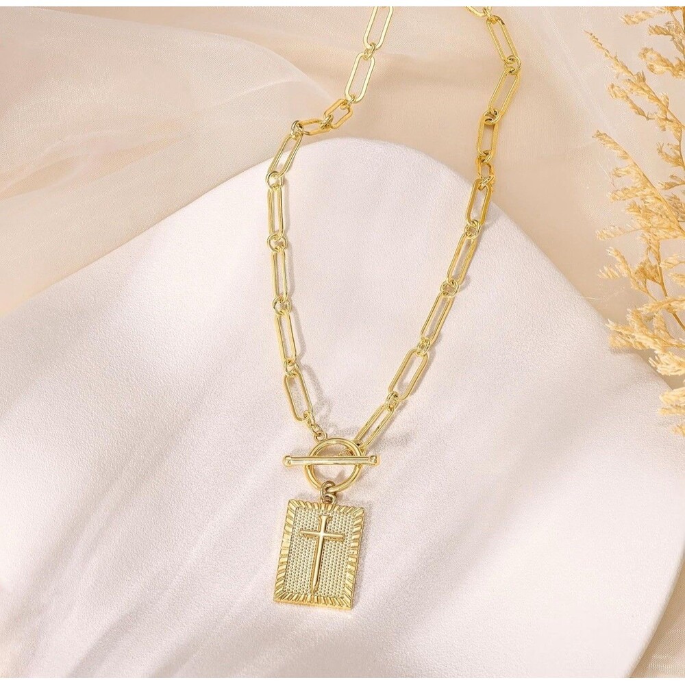 Scripture Cross Necklace, Chunky Gold rectangle cross charm, paperclip chain
